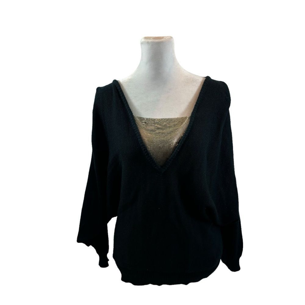 Rare 1980’s Gitano Knits Black V Neck Batwing Sweater With Silver Mesh Large‎